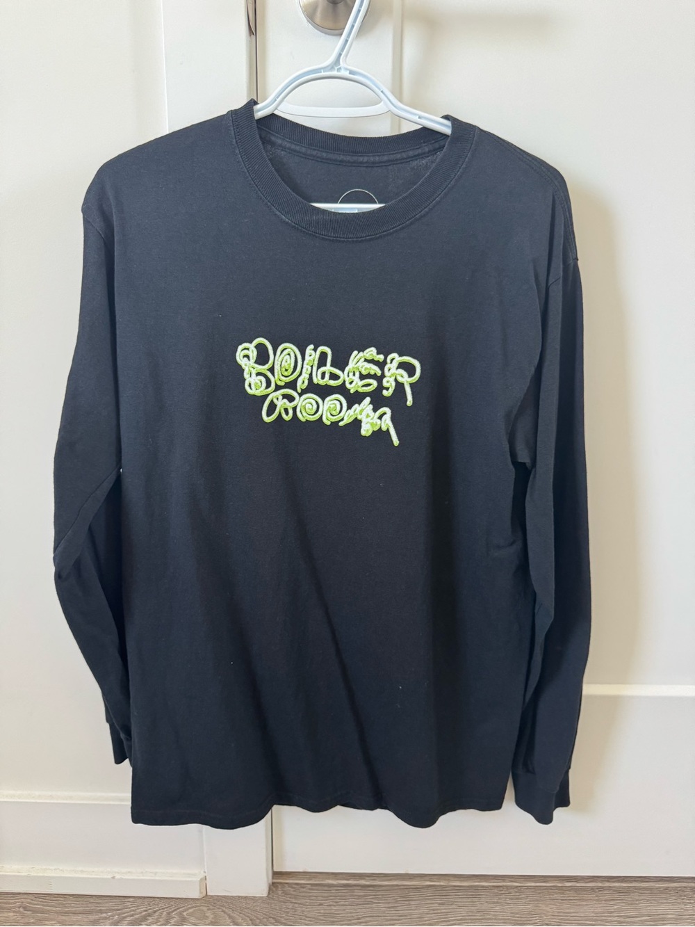 Boiler Room Black Long-Sleeve Graphic Tee with Glow-in-the-dark Neon Green Print